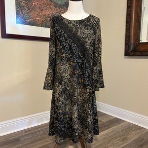 JH Fall Dress Black Tan A-Line Dress Bell Sleeves Large L